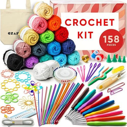 Crochet Kit for Beginners Adults and Kids - Beginner Crochet Kit for Adults with 40 Step-by-Step Video Tutorials, Amigurumi and Crocheting Kit, Starter Set 16 Yarn Colors and Crochet Bag (158 pcs Kit) by CRAFTISS