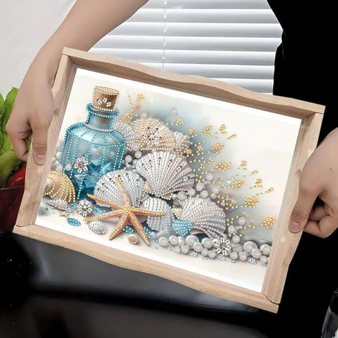DoxQcs DIY Diamond Art Wooden Food Tray with Handle Diamond Painted Table Decoration Tray for Breakfast Bar Dinner Table Diamonds Art Painting for Beginners-Shell