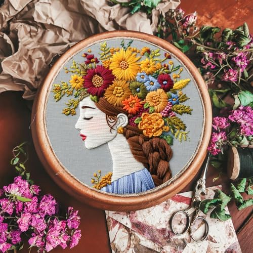 FONNUY Floral Women Embroidery Kit for Beginners, Colorful Long Hair Girl Pre-Stamped Pattern Kits for Adults with Hoop, Thread Needlework, 8'' Hoop (Brown) - Image 6