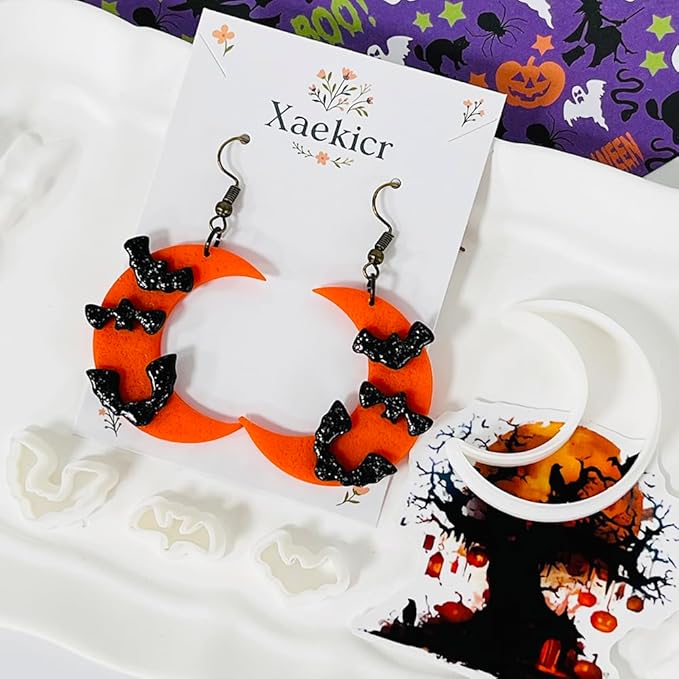 Halloween Moon Bat Polymer Clay Cutters Set – 4pcs Clay Earring Cutters for DIY Polymer Clay Jewelry Making, Clay Tools and Molds for Earrings