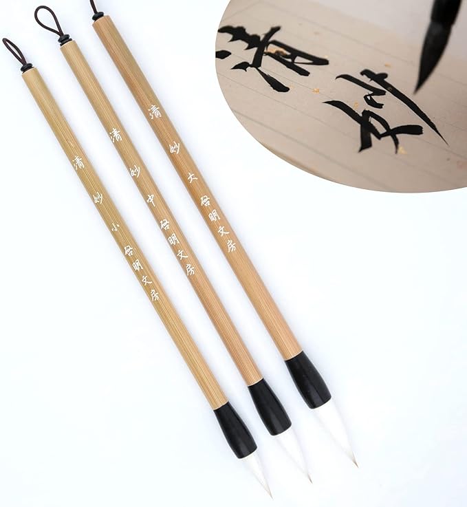 Chinese Calligraphy Brushed, Chinese Brush, QingMiao Weasel Hair Chinese Brush set, Chinese ink brush for Script 2-10cm, Suitable for Regular Script, Running Script and Cursive (Qing Miao S M L 3/pk)