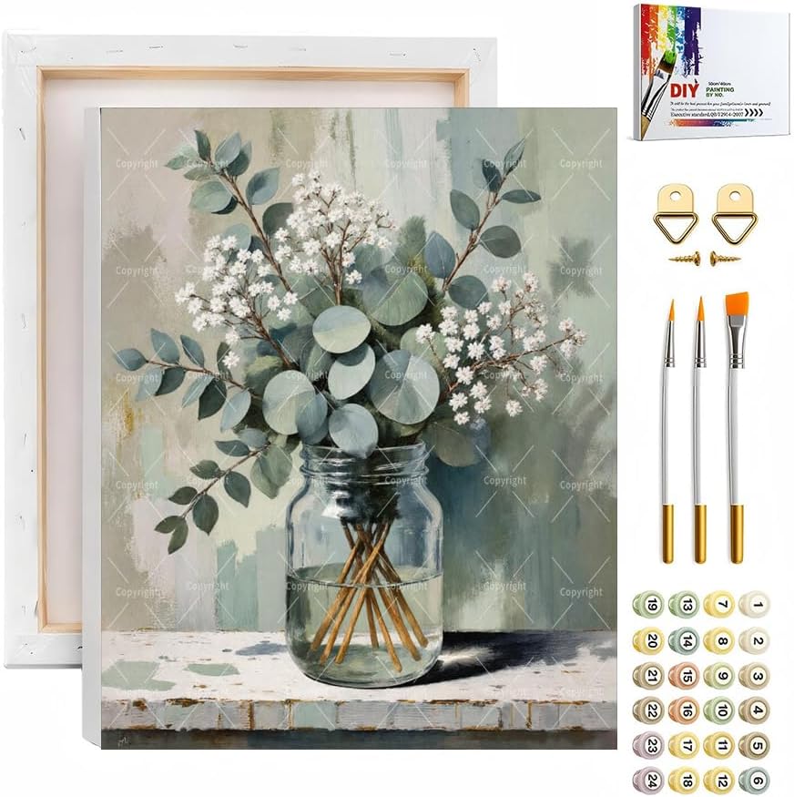 Sceorixa Still Life Paint By Numbers Kit for Adults - DIY Eucalyptus Bouquet in Jar Painting On Canvas, Acrylic Paint Set, Suitable for Beginners, Wall Art for Home Decor and Gifts(8X12IN Framed) by Unknown