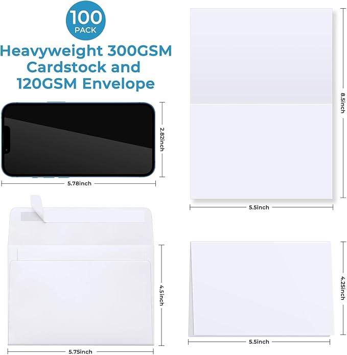 Ohuhu Blank White Cards and Envelopes 100 Pack - 4.25" x 5.5" Heavyweight Folded Cardstock and A2 Envelopes for DIY Greeting Cards Wedding Birthday Invitations Baby Shower Thank You Cards and More
