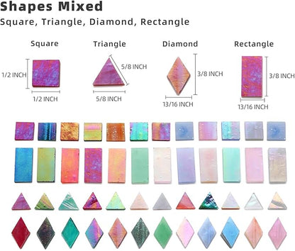 Lanyani Iridescent Glass Mosaic Tiles Bulk, 4-Shapes 700 Pieces Sparkle Iridized Stained Glass Tile for Mosaic Crafts