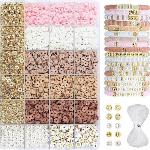 Believo Polymer Clay Beads Kit for DIY Jewelry with Elastic Cord, Colorful Flat Heishi Beads and Spacer Pieces – Ideal for Friendship Bracelet & Necklace Making (Camel Pink White 24) by Unknown