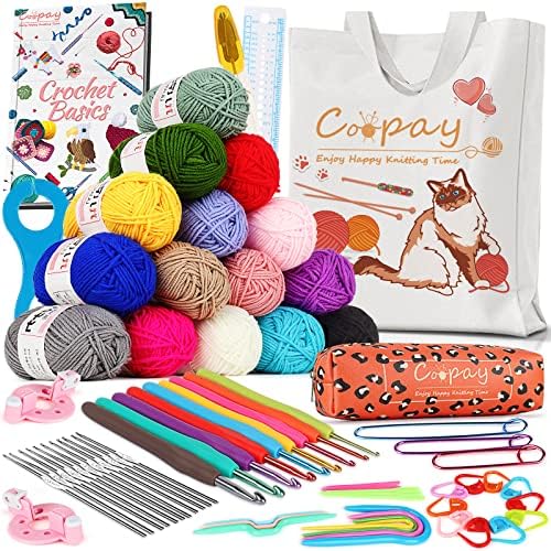 Coopay Crochet Kit Beginners Crochet Starter Kit with 15 Colors Yarn, 71PCS Crochet Beginners Set Crochet Kit for Adults, Cat Canvas Tote Bag Full Crochet Accessories & Instructions by Coopay