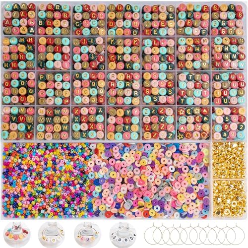 Acrylic Letter Beads Kit for Jewelry Making, 31-Grid Organizer with 4x7mm Colorful Gold-Lettered Alphabet Beads (1.5mm Hole), Includes Clay Heishi, Seed Beads (Gold on Colors) by Unknown