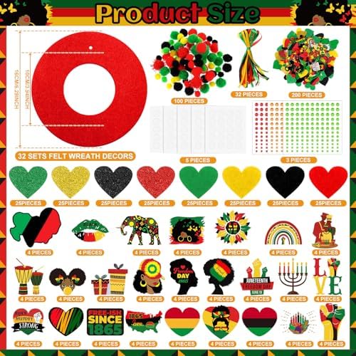 472 Pcs Juneteenth Wreath Craft Kits June 19th DIY Felt Craft African American Wreath Hanging Ornaments with Heart Candle Drum Sticker Decor for June 19th Freedom Independence Day Indoor Outdoor Decor - Image 3