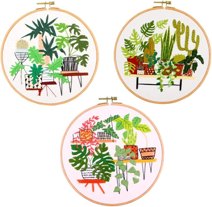SUQUUB 3 Sets Embroidery Starter Kit with Pattern and Instructions,Cross Stitch Beginner Kits with Frame,3 Plastic Embroidery Hoops,3 Embroidery Clothes and Color Threads (3 X Plant Pattern)