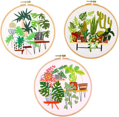 SUQUUB 3 Sets Embroidery Starter Kit with Pattern and Instructions,Cross Stitch Beginner Kits with Frame,3 Plastic Embroidery Hoops,3 Embroidery Clothes and Color Threads (3 X Plant Pattern)