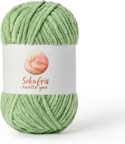 Avocado Green Chunky Chenille Yarn for Crocheting, Bulky Velvet Yarns for Crochet, Baby Yarn for Crocheting Soft Blanket, 131yds /3.53 oz Fluffy Amigurumi Crochet Yarn