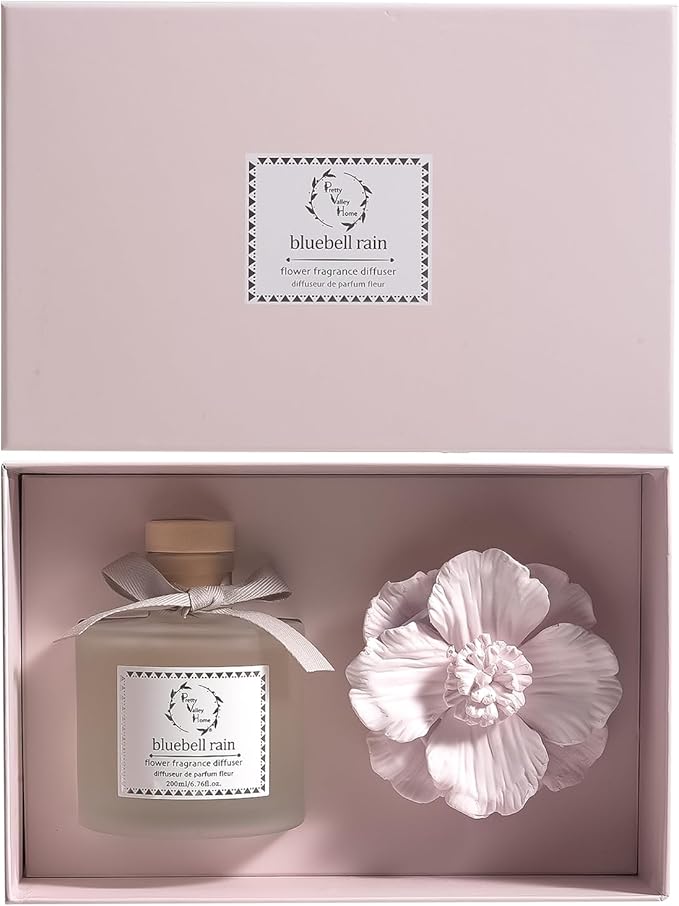 Pretty Valley Home Reed Diffuser Sets, 6.76 Fl. Oz / 200ML Ceramic Diffuser Flower Gift Box, Home Reed Diffuser for Bathroom Office Bathroom Living Room Decor (Bluebell RAIN Pink)