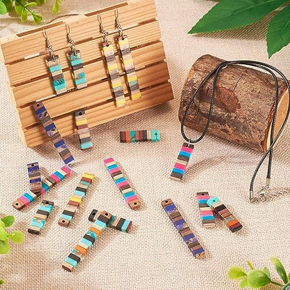 FASHEWELRY 24Pcs Resin Wood Earring Charms Rectangle Wooden Earring Blanks Long Wooden Earring Findings Vintage Colorful Boho Charms for Jewelry Making - Image 3