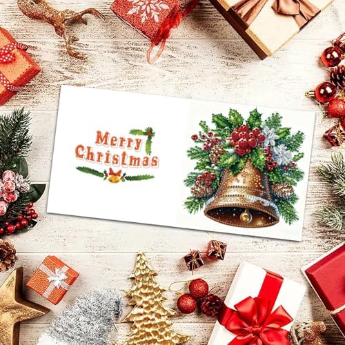 6Pcs Christmas Greeting Card DIY Diamond Art Painting Greeting Cards Blessing Folding Card Kit with White Envelopes Diamond Arts Crafts for Birthday Festival Gift-Bell - Image 2