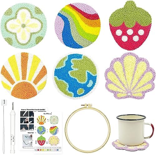 HAND U JOURNEY Punch Needle Coaster Kit, 6 Patterns & Yarns by HANDUJOURNEY