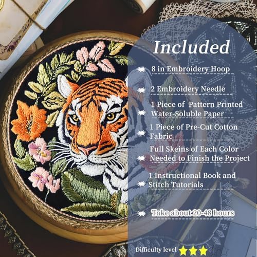 FONNUY Tiger Floral Embroidery Kit, Cross Stitch Kits for Beginners, Handmade Crafts with Printed Patterns for Beginner Adults, Easy to Follow Color Thread Needlework, 8'' Hoop - Image 2