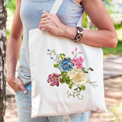 Canvas Tote Bag Silk Ribbon Embroidery Kit for Beginners, Arts DIY Crafts Starter kit, Include Stamped Bag Threads Hoop