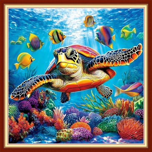 Joyhoor Cross Stitch Kits for Beginners Stamped Cross-Stitch Supplies Needlework preprint Embroidery Kits for Adults DIY Needlepoint Kits Embroidery Patterns 11CT-Underwater sea Turtle 18x18 inchs by JoyhoorCrossStitchKits