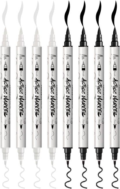 TRANSON 4 Black and 4 White Paint Markers Brush and Fine Dual-tip Acrylic Paint Marker Set for Rock Painting Glass Canvas Wood Leather Ceramic Painting
