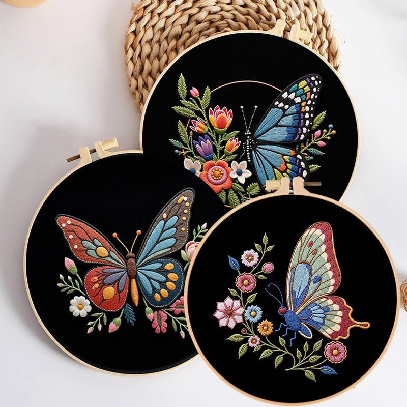 Konrisa Flower Butterfly Embroidery Kits for Adults, Stamped Embroidery Starter Kit with Hoop,DIY Sewing Needlepoint Cross Stitch Kit, Set of 3 - Image 4