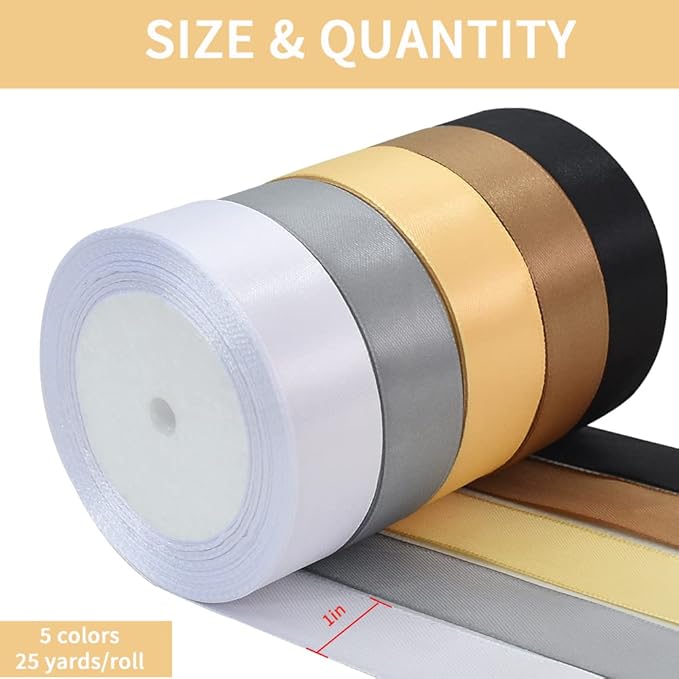 TONIFUL 1 Inch x 125 Yards 5 Colors Satin Ribbon Rolls, Mixed Black and Gold Color Set Fabric Ribbon for Gift Wrapping Embellish Wedding Birthday Party Decoration Bow Making Floral Craft Sewing