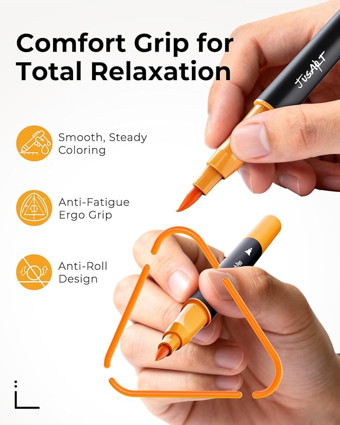JusArt Markers for Adult Coloring Books No Bleeding, 100 Colors Coloring Markers with Dual Tips, Fine & Brush Pens with Ergonomic Triangle Grip & 33% More Ink, Water-Based Art Drawing Set for Adults