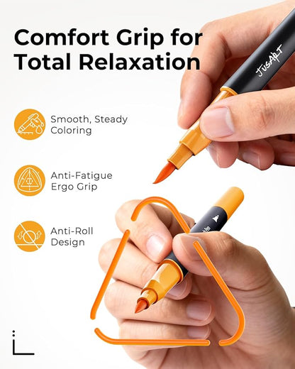 JusArt Markers for Adult Coloring Books No Bleeding, 100 Colors Coloring Markers with Dual Tips, Fine & Brush Pens with Ergonomic Triangle Grip & 33% More Ink, Water-Based Art Drawing Set for Adults