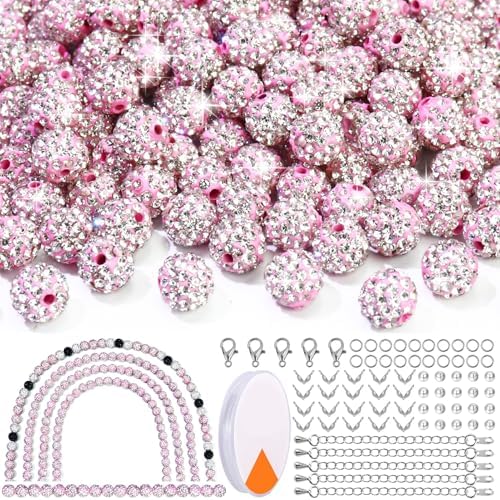 Dowarm 255PCS 10mm Rhinestone Beads, Pink Rhinestone Clay Beads for Baseball Necklace Bracelet Jewelry Making Crafts Beaded Pen, Round Polymer Clay Shamballa Pave Disco Diamond Bead by Dowarm