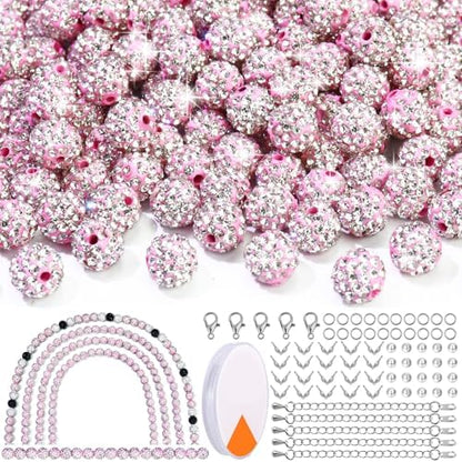 Dowarm 255PCS 10mm Rhinestone Beads, Pink Rhinestone Clay Beads for Baseball Necklace Bracelet Jewelry Making Crafts Beaded Pen, Round Polymer Clay Shamballa Pave Disco Diamond Bead by Dowarm
