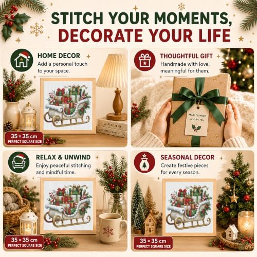 AuraDraw Christmas Stamped Cross Stitch Kits - Christmas Sled Counted Cross Stitch Kits for Beginners, Cross-Stitch Patterns Dimensions Needlecrafts Embroidery Kits Arts and Crafts - Image 6