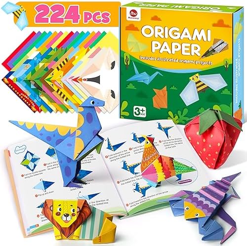 Mocoosy 224 Sheets Origami Paper Kit for Kids Ages 5-8 8-12, Folding Paper Set with Origami Book for Beginners, Art Craft Supplies for Boys Girls 9-12, Travel Game Car Road Trip Activities Toy Gifts by Mocoosy