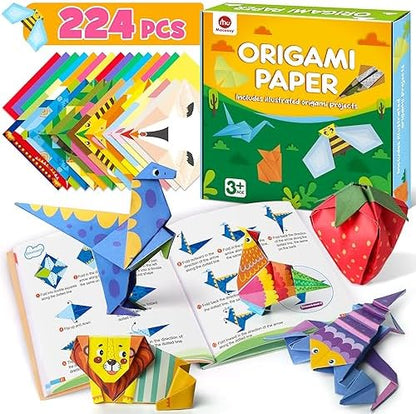 Mocoosy 224 Sheets Origami Paper Kit for Kids Ages 5-8 8-12, Folding Paper Set with Origami Book for Beginners, Art Craft Supplies for Boys Girls 9-12, Travel Game Car Road Trip Activities Toy Gifts by Mocoosy