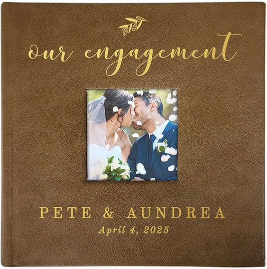 Personalized Engagement Photo Album, Holds 200 4" x 6" Photos, Engraved Our Engagement Leatherette Picture Album, Engagement Gifts For Couples, Brown