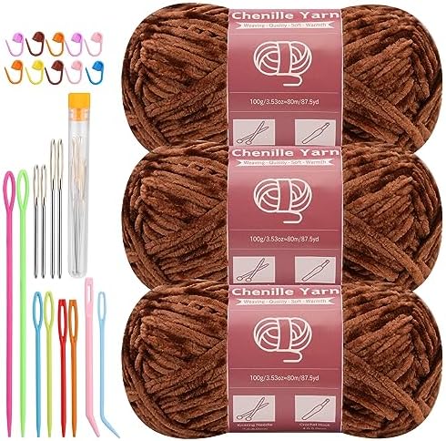 LUNARM Chenille Yarn 3 Pack 3.5oz Chunky Blanket Velvet Yarn 263 Yard by Lunarm