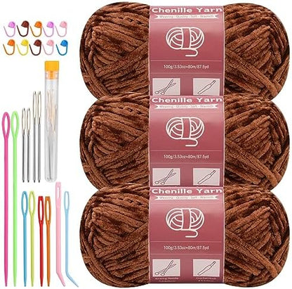 LUNARM Chenille Yarn 3 Pack 3.5oz Chunky Blanket Velvet Yarn 263 Yard by Lunarm