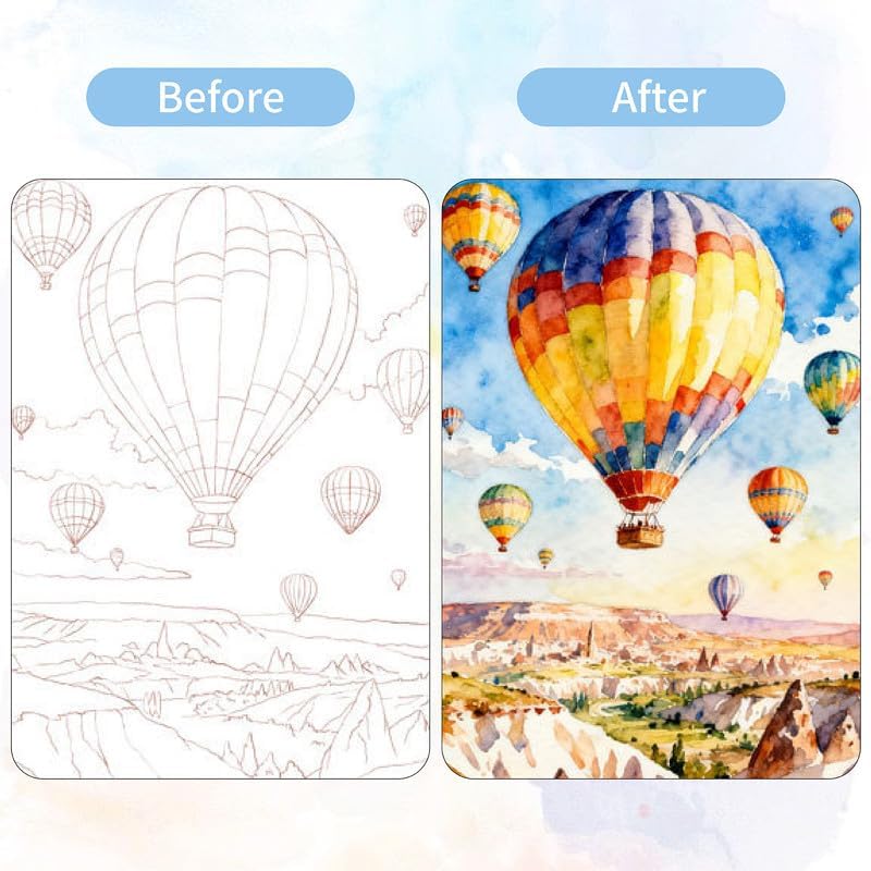 Watercolor Coloring Book for Adults, 2-Pack Watercolor Workbook Kit for Beginners with 24 Colors, 2 Water Brushes, 32 Pages, 240gsm Thick Watercolor Paper, Stress Relief Art Gift (Travel & Animal) - Image 3