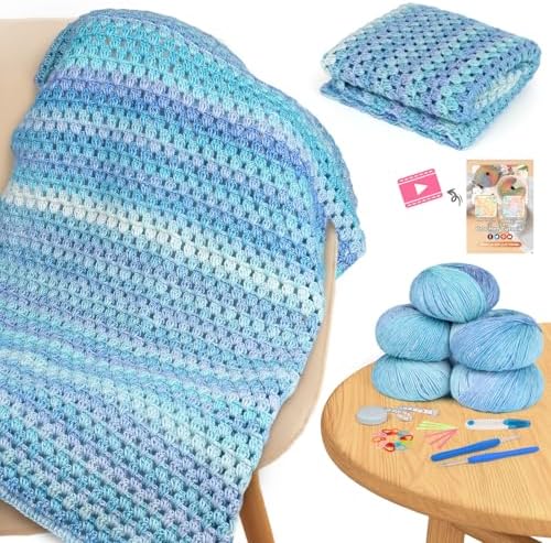 Aeelike Crochet Blanket Kit for Beginners, Easy Crochet Kits, Blue Gradient by Aeelikescrochetworld