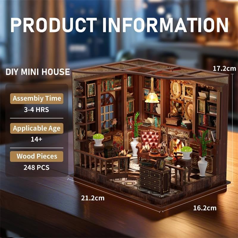 Left Bank Study Book Nook - DIY Book Nook Kit for Adults | Wooden Bookshelf 3D Book Nook Miniature Kit with LED Lights, Puzzle Decor for Book Lovers, 248 PCS, Bookshelf Insert Decor - Image 6