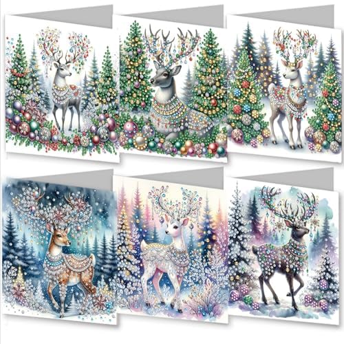 6 Pcs Christmas Elk DIY Diamond Art Painting Greeting Cards Kit, 5D Holiday Diamond Cards Making Set for Adults, Handmade Xmas Gift for Friends Family by Unknown
