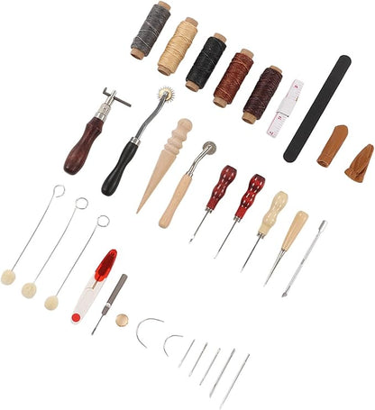 Leather Sewing Kit, Leather Working Tools, Premium DIY Leather Craft Set with Wax Threads Needle Finger Cots Sanding Stick, Stainless Steel Leather Tools for Beginners Professional