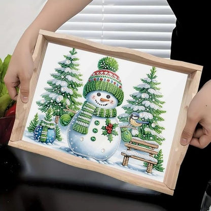 DoxQcs DIY Diamond Art Wooden Food Tray with Handle Diamond Painted Table Decoration Tray for Breakfast Bar Dinner Table Diamonds Art Painting for Beginners-Snowman