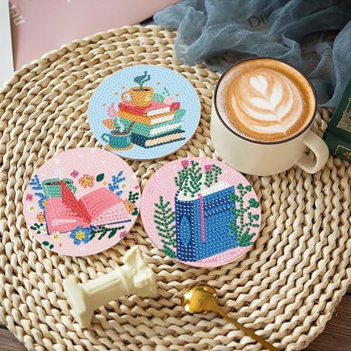 8 Pcs Book Diamond Art Coasters Kit for Adults, Book Lovers Wooden Coffee Diamond Painting Coasters with Holder, 5D Gem Art Dots Painting Coaster with Cork Pads - Crafts Supplies for Home Decor - Image 3