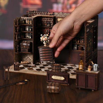 Corner Tavern Book Nook - DIY Book Nook Kit for Adults | Wooden Bookshelf 3D Book Nook Miniature Kit with LED Lights, Puzzle Decor for Book Lovers, 327 PCS, Cozy Bar Scene Decor - Image 7