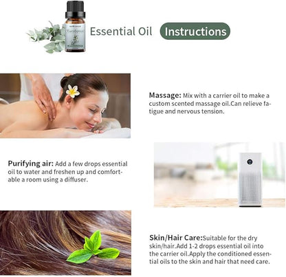 Sedbuwza Peppermint Eucalyptus Essential Oil Set, Peppermint Fragrance Oil Eucalyptus Scent Oil Set for Diffuser, Aromatherapy, Massage, Soap, Candle Making 2 x 10 ml