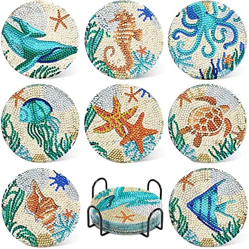 UPINS Ocean Diamond Art Painting Coaster Kit, 8Pcs DIY Crafts Kit with Holder, Non Slip Coaster Art Supplies for Adults, Ideal Christmas Gift by UPINS