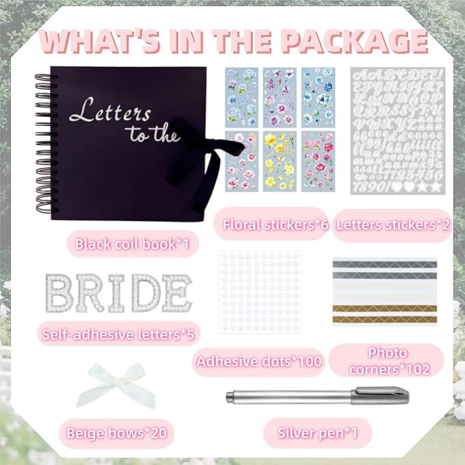 8" x 8" Letters to the Bride Scrapbook Album Guest Book, 80 Blank Pages Hardcover Photo Scrapbook Wedding Memory Book for Bridal DIY, Family, Anniversary with DIY Accessories Kit (Black Kraft Paper)