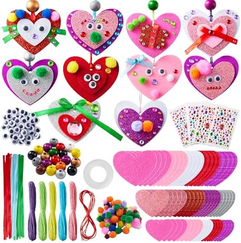 JOYIN Valentines Day 264 Pcs DIY Heart Felt Craft Set, Felt & Glitter Hearts & Wooden Beads & Plastic Eyes & Colorful Paper Ropes for Valentine's Day Kids Craft Party Classroom Ornaments Decorations by JOYIN
