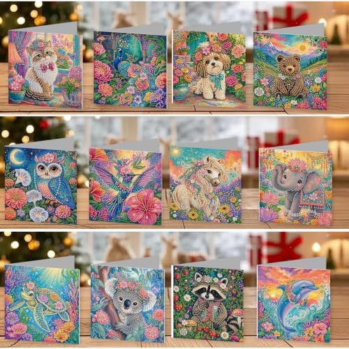 LAKEQUILL DIY Diamond Art Painting Greeting Kit, 12 Pieces, Creative Craft Set，Flower Animals - Image 4