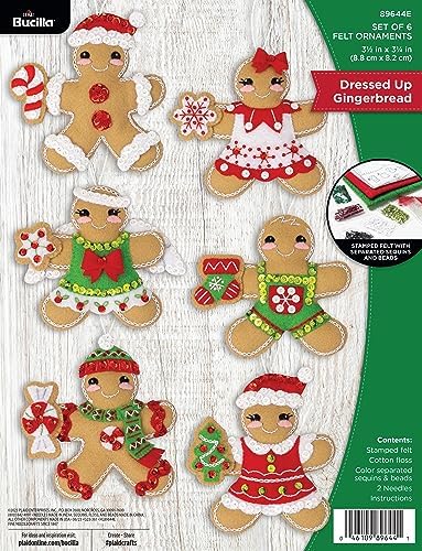 Bucilla Felt Applique 6 Piece Ornament Making Kit, Dressed Up Gingerbread, Perfect for DIY Arts and Crafts, 89644E by Bucilla