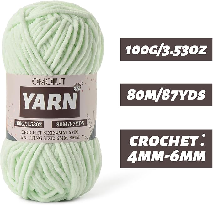 Fruit Green Fluffy Chenille Yarn for Crocheting - Baby Yarn for Crocheting Soft Blanket - (100g/87.4yds) Crochet Amigurumi Chunky Yarns - Super Bulky 5 Velvet Yarns
